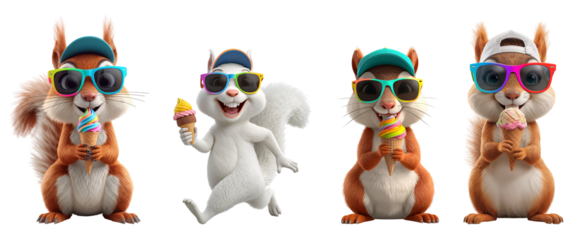 Funny cartoon squirrel with ice cream isolated on transparent background
