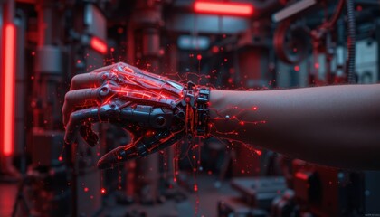 Robot arm with glowing circuitry in a futuristic setting Generative AI