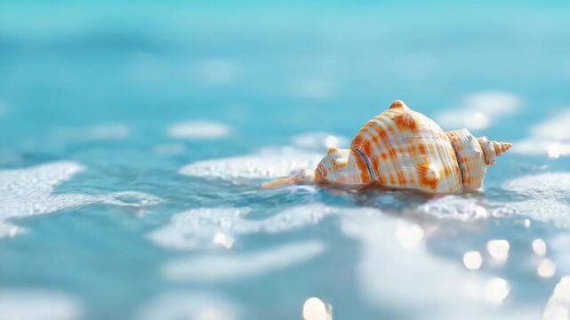 Close-up of seashell on wet sand with blurred ocean background