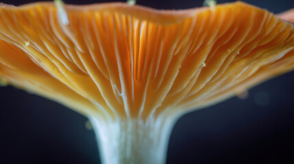 Fototapeta premium Vibrant orange mushroom close up macro view showing intricate detail and pattern of gill and cap underside against dark background