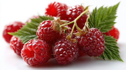 Fresh cluster of vibrant red ripe raspberry with green leaf isolated on white. Delicious sweet berry showing its intricate food texture