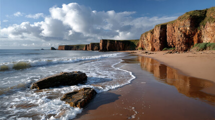 Serene coastal scene on sandy beach with majestic red cliff and clear water. scenic ocean landscape with waves and blue sky offers peace
