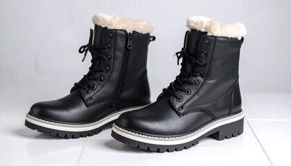 Two black leather boots with faux fur lining on a white background, perfect for colder weather
