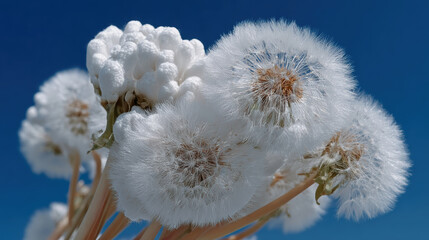 Delicate white fluffy dandelion seed head blowing in wind against natural serene blue sky. soft plant full of hope in summer sunshine