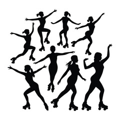 Roller Skater Silhouettes Vector Set, Women Roller Skating Poses Silhouettes, Retro Roller Derby Figures Collection, Dynamic Roller Skater Vector Illustrations, vector, illustration.