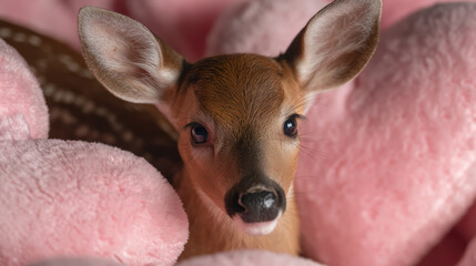 Cute baby deer fawn resting among soft pink heart shaped pillow. gentle, sweet animal portrait with studio lighting perfect for Valentine Day