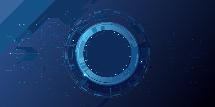 Abstract blue digital circuit with a central glowing circular opening