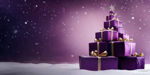 Naklejka premium A stack of purple gifts in the shape of a christmas tree on snowy ground with a star on top and snowflakes falling around