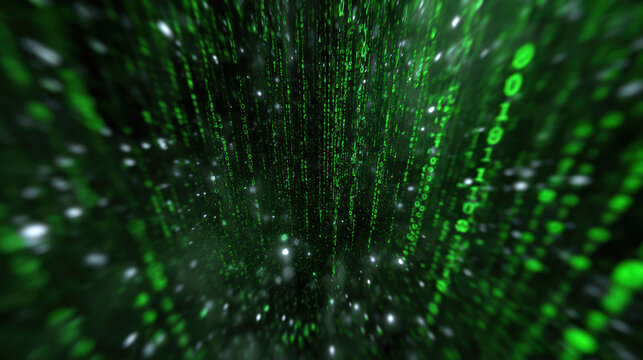 Green digital stream of binary code and data flowing through internet. Technology information creates an intense, complex feeling inside computer