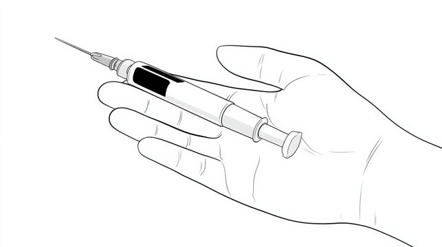 Illustration line art showing hand holding an injection pen syringe for medicine treatment, concept of focused healthcare and care