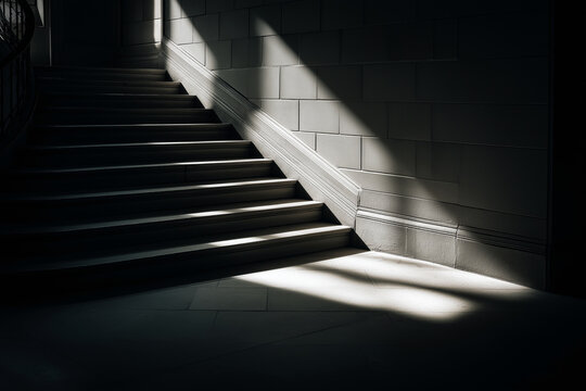 Dramatic contrast of light and shadow on an empty staircase in half-light