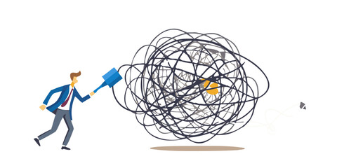 Man attempting to untangle a complex knot with a blue hammer