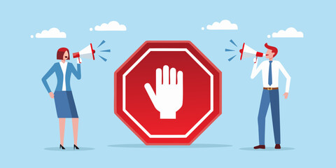 People using megaphones to announce a stop sign with a hand gesture