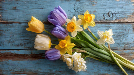 Lovely spring flower bouquet with colorful tulip and daffodil on rustic blue wood background creating cheerful, happy, and fresh feeling © Image4u