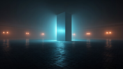 Futuristic monolith glowing in an abandoned urban square at night
