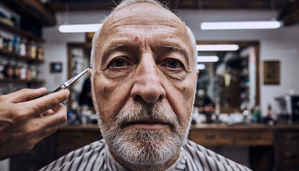 Close-up portrait of elderly man mid-haircut in rustic barbershop with vintage atmosphere
