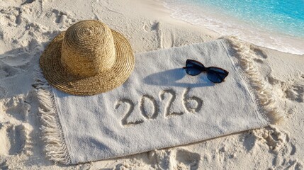 The inscription "2026" laid out with shells on a beach towel on the beach against the backdrop of ocean waves, the concept of traveling in 2026