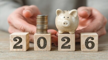 The inscription "2026" on wooden cubes with coins and a piggy bank, the concept of the growth and decline of income and expenses in the new year 2026