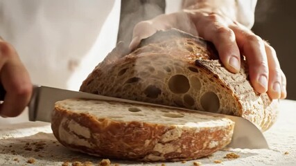 Slicing Freshly Baked Artisanal Sourdough Bread with a Serrated Knife