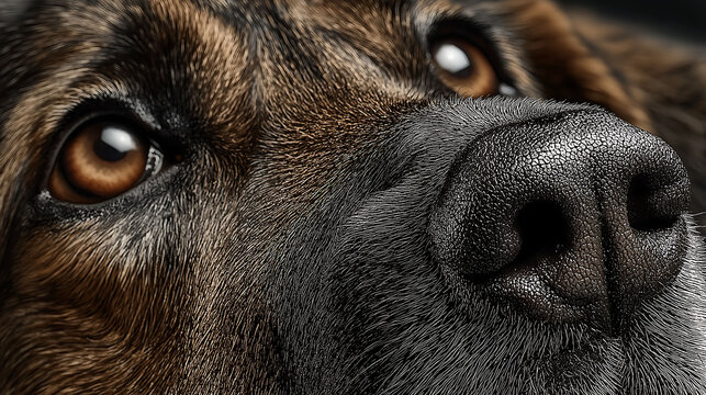 Close-up hyperreal image of a dog's nose, with a playful and humorous twist