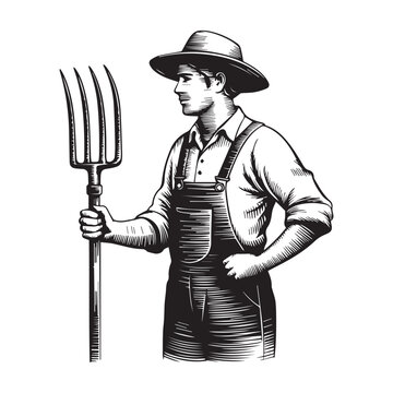 PrVintage Woodcut Style Illustration of a Man in Overalls Holding a Hayforkint