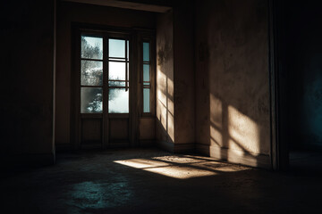 Moody interior of an abandoned room with one glowing window casting long shadows