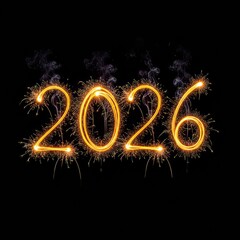 Isolated 2026 typography created with real burning sparkler trails on a black background.