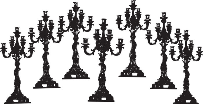Black silhouette of ornate candelabras on white background candlestick vintage