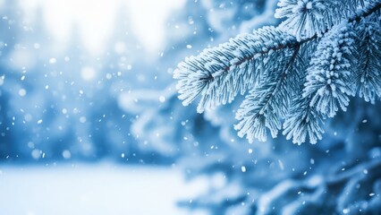 Winter background with snowcovered fir tree branch and falling snowflakes in a frosty forest beautiful cold weather scene with copy space