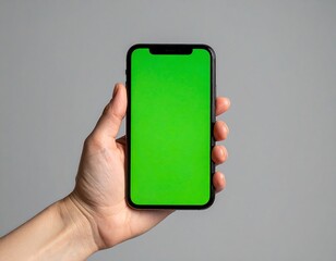 A hand holds a smartphone with a vibrant green screen against a gray background, ready for screen replacement