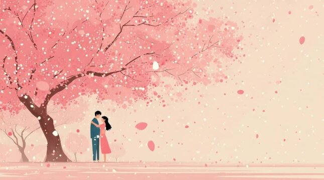 Couple Embracing Under Pink Cherry Blossom Tree Illustration