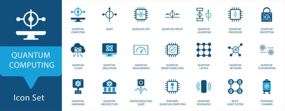 Quantum Computing Icon Set. Modern vector icons for qubit, quantum processor, circuit, network, encryption, and cryogenics technology.