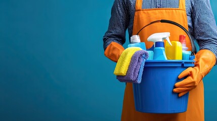 Cleaning professional with bucket of supplies wearing orange apron