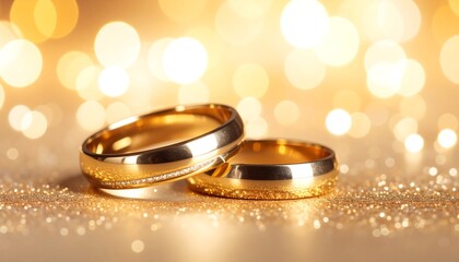 Close-up view of two gold wedding bands resting side-by-side with sparkling glitter in front of a soft bokeh background