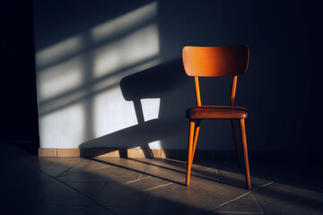Minimalist photo of a single chair in a dimly lit room with surreal shadows