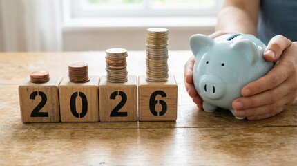 The inscription "2026" on wooden cubes with coins and a piggy bank, the concept of the growth and decline of income and expenses in the new year 2026