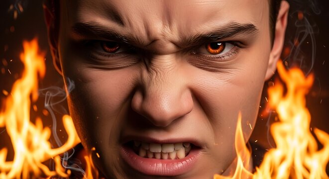 Furious Young Man With Fiery Eyes Surrounded by Flames.