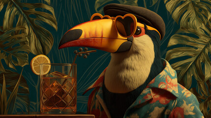 Fototapeta premium A cheerful toucan in sunglasses and Hawaiian shirt sipping a cocktail in lush jungle setting