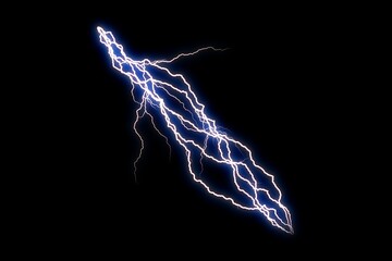 Diagonal blue white lightning cluster on black background, multiple branching electric filaments forming bright high voltage storm streak, vivid plasma glow lightning texture graphic resource overlay 