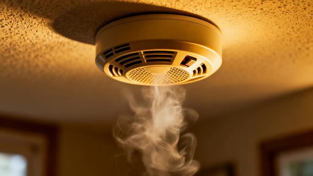 Smoke detector ceiling mounted alarm rising toward detector, smoke ceiling sensor safety device home fire warning with warm indoor lighting emergency