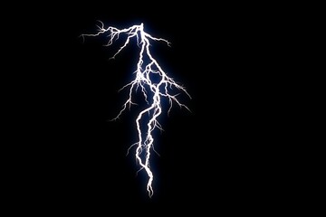 Curved vertical white lightning bolt on black sky, branching electric filaments with bright plasma edge, realistic high voltage discharge lightning texture graphic resource overlay for storm, thriller