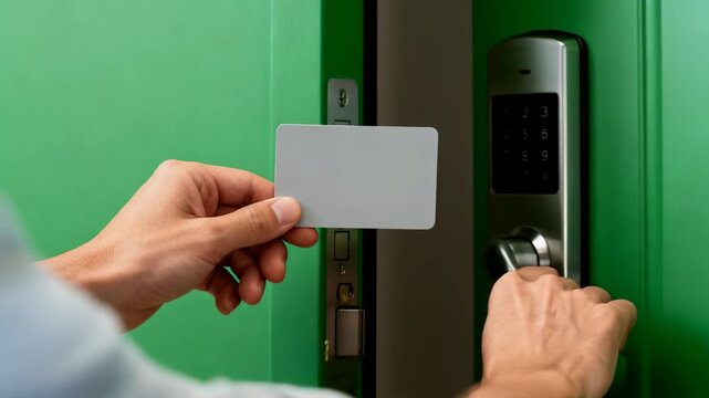 Person holding keycard to unlock modern electronic door lock close up showing hands card and handle inviting mood smart keycard access metal