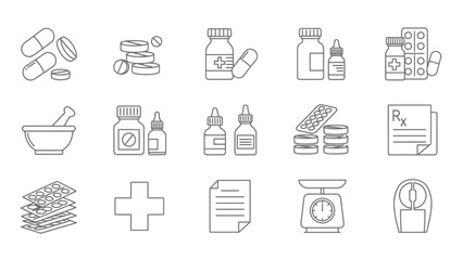 Collection of medical supplies and pharmaceutical icons in a linear style