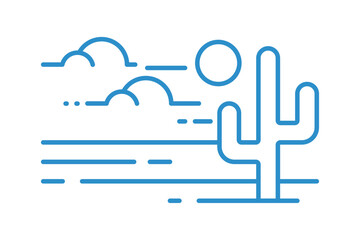 Desert scene icon with cactus, sun and cloud elements, simple arid landscape symbol representing heat, dryness, wilderness and climate in clean linear outline flat vector illustration.