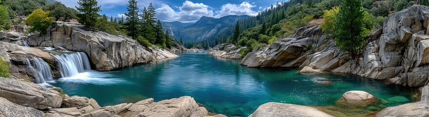 a beautiful natural landscape with blue water, rocks and mountains