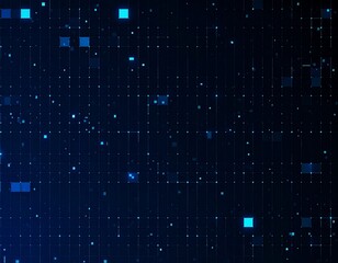 Digital background with grid of dots and glowing blue squares, suggesting data processing or network visualization. Dark, cool tone