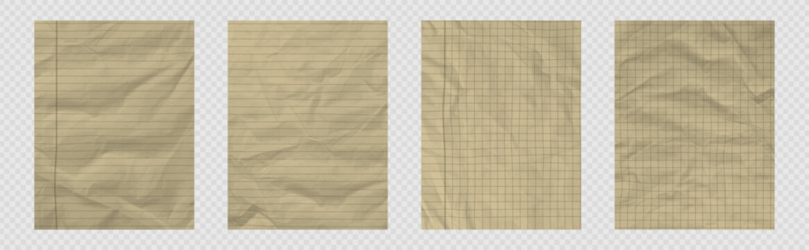 Set of kraft paper backgrounds with grid and line pattern and crumpled texture. Realistic notebook design for craft, scrapbook or school collage and education with soft fold details bg. Vector