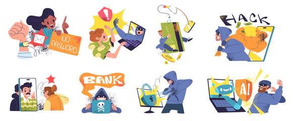 People internet scam. Hacker fraud cyber security crime, phone call scammer online phishing data digital money thief ai deepfake cybersecurity cheat, classy vector illustration © ssstocker