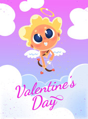 Naklejka premium Cupid banner. Cartoon cherub greeting invitation card design, valentine day amour baby angel romantic couple love date concept background text template, classy vector illustration