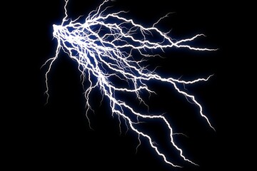 Wide branching white lightning burst on black background, multiple electric filaments spreading outward, bright plasma storm texture, high voltage lightning strike graphic resource overlay 